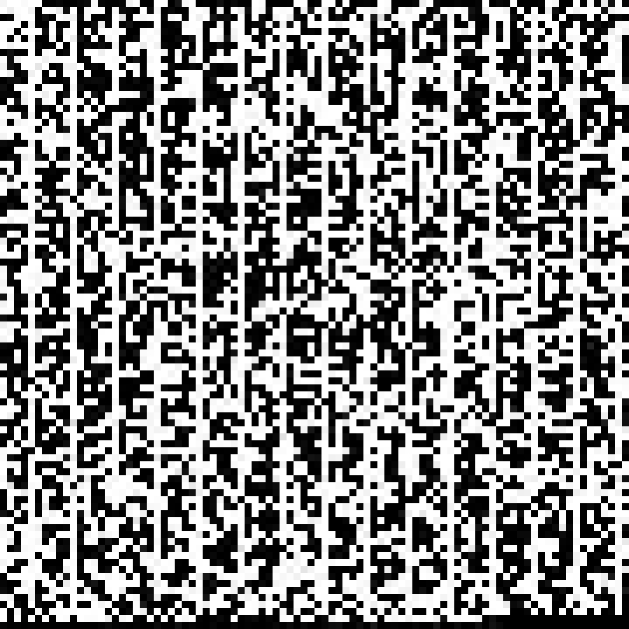 a square of seemling random black and white pixels, representing the genetic sequence of the Moderna COVID-19 vaccine